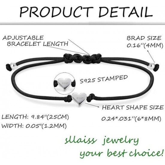 S925 Sterling Silver Heart Shaped Friendship Bracelet Long Distance Bracelet For Couples Best Friend Handmade Adjustable Jewelry Gift For Family And Her